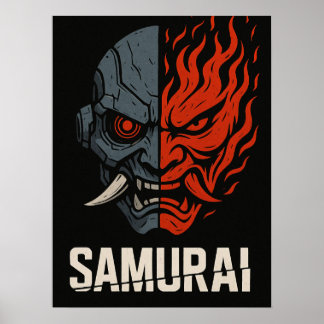 Poster Pôster do Samurai com Máscara Oni Dividida