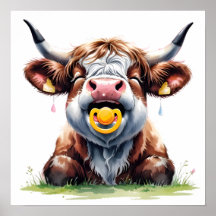Pôster Floral Corado de Bebê Vaca Highland