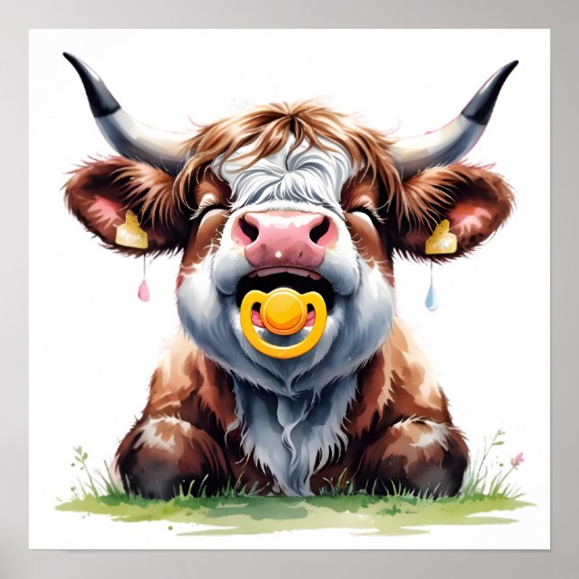Poster Pôster Floral Corado de Bebê Vaca Highland (Frente)