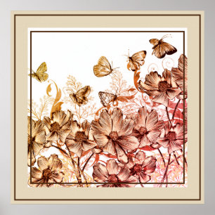 Poster Poster- Floral e borboletas