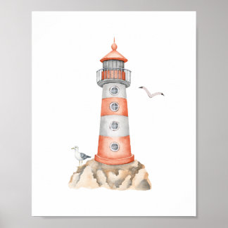 Poster Pôster Fofo de Farol em Aquarela