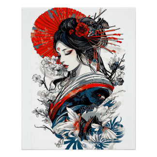 Póster Poster Geisha, Poster vintage com cores escuras