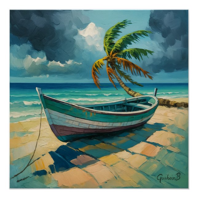 Póster Poster Guadeloupe – Paysage tropical avec bateau e (Frente)