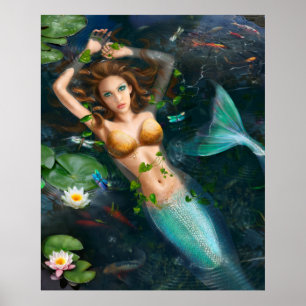 Póster Poster-Linda sereia no lago com lírios