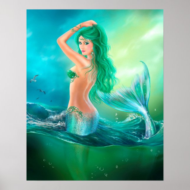 Poster Poster-Linda sereia no oceano em ondas (Frente)