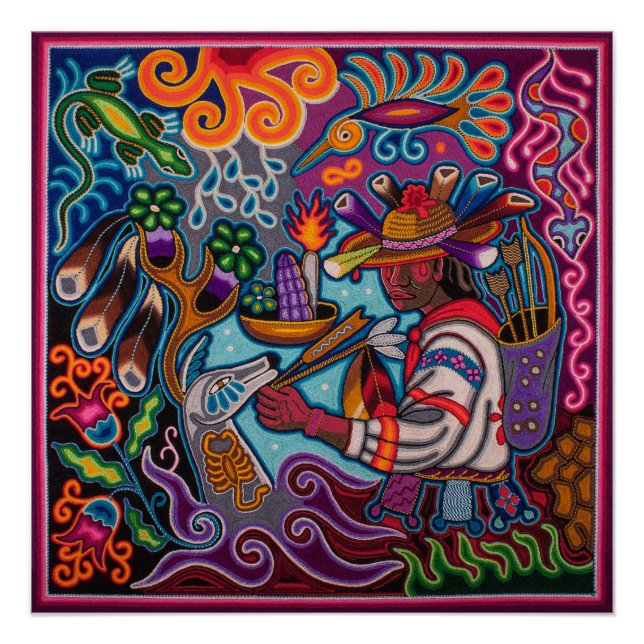 Póster Poster mexicano huichol - Cazador y venado (Frente)