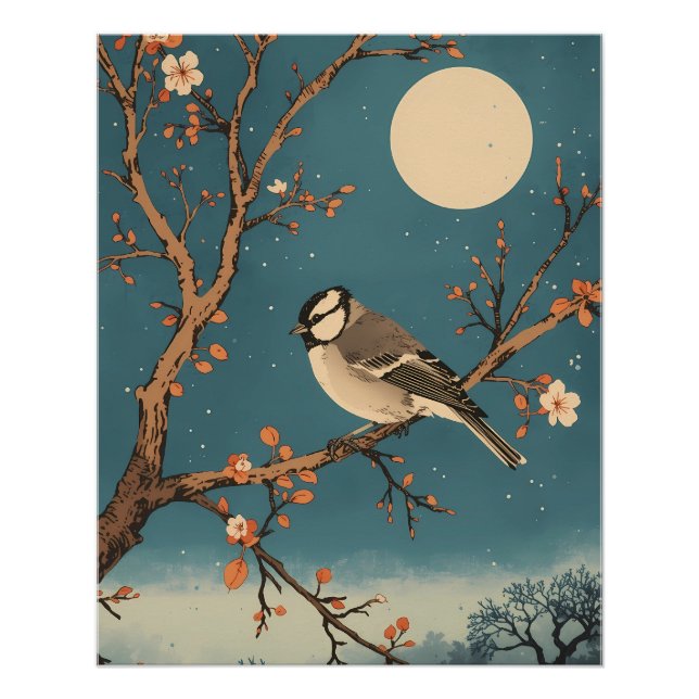 Póster Poster - Moonlit Bird on Blossom Branch (Frente)