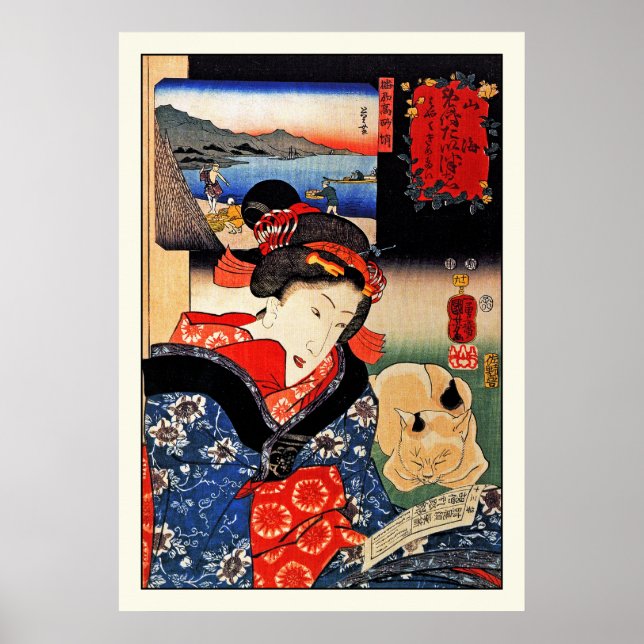 Póster Poster: Mulher com Cat - Arte Japonesa - Kuniyoshi (Frente)