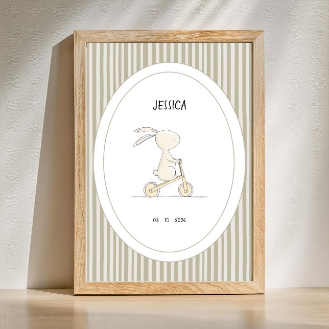 Poster Pôster Personalizado de Nome e Data da Maternidade (Customize name and date newborn baby nursery poster with sage green stripes.)