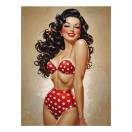 Póster Poster Pinup Brune en Bikini Rouge à Pois