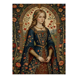 Póster Poster Portrait Dame au jardin moyen-âge renaissan