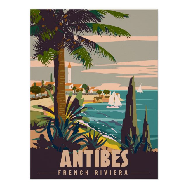 Póster Pôster retrô da Riviera Francesa Antibes. Costa tr (Frente)