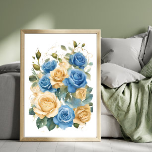 Poster Pôster Romântico de Rosas Douradas e Azuis em Aqua