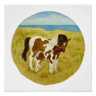 Póster Poster selvagem do quadrado da aguarela dos pônei