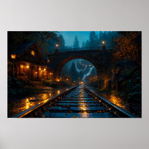 Poster Pôster Trilhos Iluminados por Lanternas na Penumbr