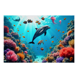 Póster Poster Vida Oceânica com Golfinho e Recife de Cora