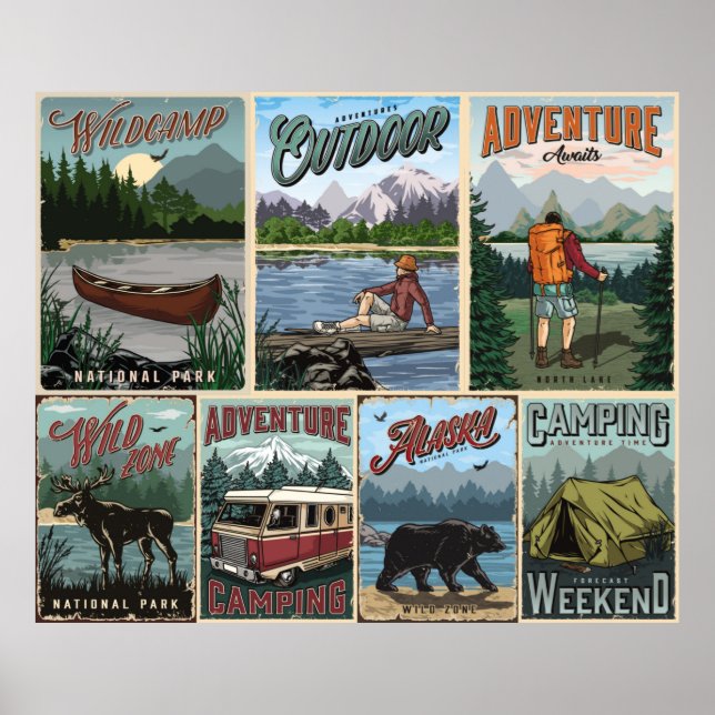 Poster Posteres vintage de recreação exteriores com canoa (Frente)