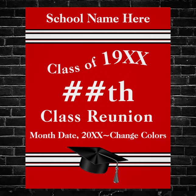 Póster Posters de Reunião de Classe, Vermelho e Branco Pe (Class reunion decorations ideas. Red, White and Black, class reunion poster ideas. Class Reunion.)