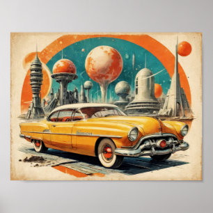 Poster Posto de Combustível de Carro Retro Futurismo dos 