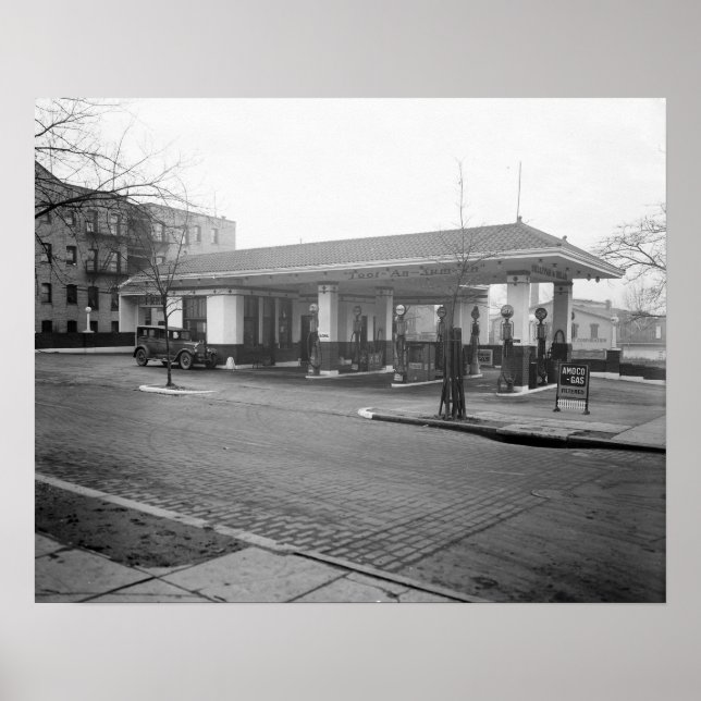 Póster Posto de Gasolina Amoco, 1925. Foto Antiga (Frente)