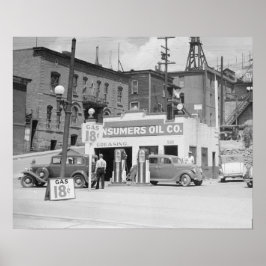 Póster Posto de gasolina em Montana, 1939. Foto antiga