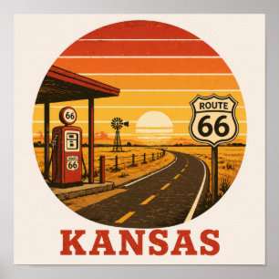 Poster Posto de Gasolina Rota 66 Kansas Pôr do Sol