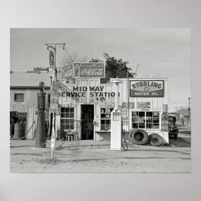 Póster Posto de Serviço Midway, 1939. Foto Antiga (Frente)