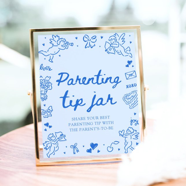 Poster Pote de Dicas de Pais para Chás de Bebê Desenhado  (Hand Drawn Valentine Baby Shower Parenting Tip Jar Sign)