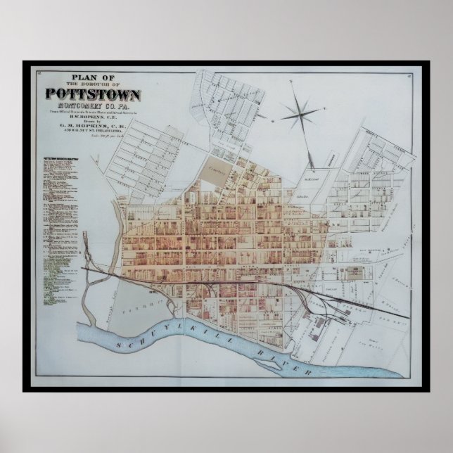 Poster Pottstown Borough Map PA Pensilvânia 1871 (Frente)