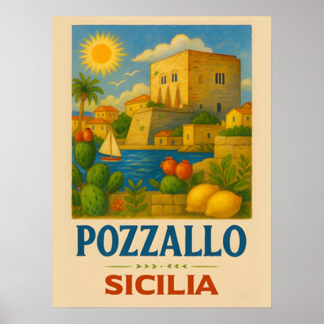 Poster Pozzallo Sicilia com La Torre Cabrera (Frente)