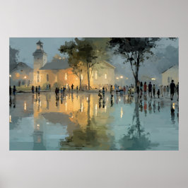 Poster Praça da Igreja ao Anoiteçer Reflexos da Chuva