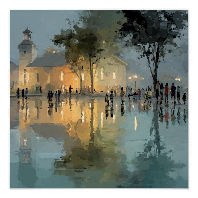 Póster Praça da Igreja Noturna Reflexos da Chuva (Frente)