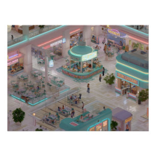 Póster Praça de Shopping Isométrico Pastel com Lojas Neon