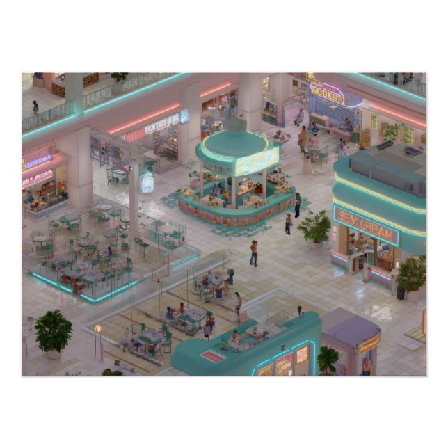 Póster Praça de Shopping Isométrico Pastel com Lojas Neon (Frente)