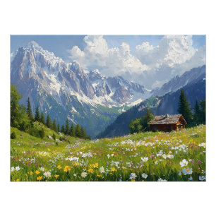 Póster Prado alpino com flores e pequeno algodão