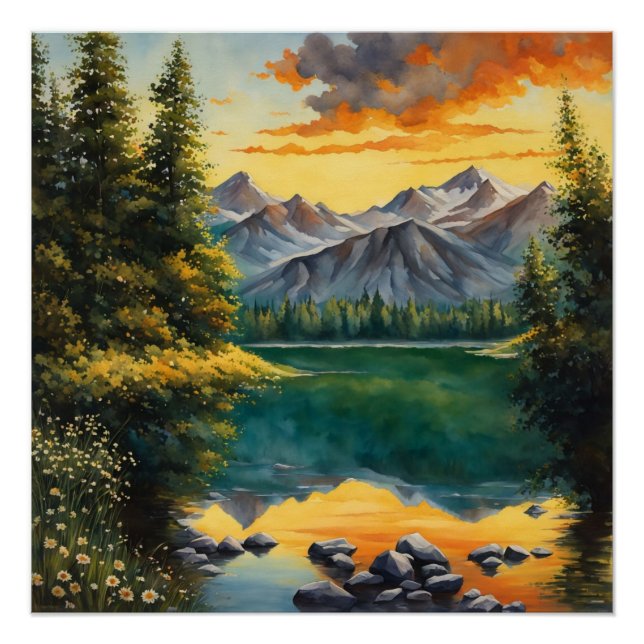 Póster prado cheio de flores brancas Poster brilhante (Frente)