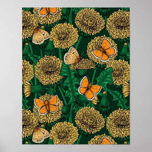 Poster Prado de Dandelion em verde escuro (Frente)
