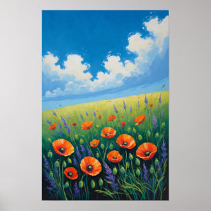 Poster Prado de Flores Silvestres com Céu Azul e Papoulas