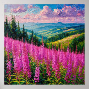 Poster Prado de Flores Silvestres com Paisagem Montanhosa