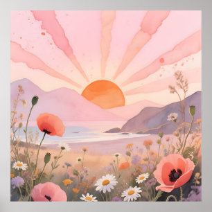 Poster Prado de Flores Silvestres com Pôr do Sol Pastel