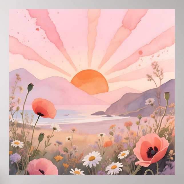 Poster Prado de Flores Silvestres com Pôr do Sol Pastel (Frente)