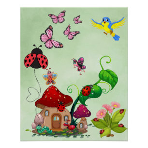Póster Prado de Flores Silvestres da Borboleta da Primave