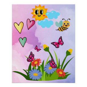 Póster Prado de Flores Silvestres da Borboleta da Primave