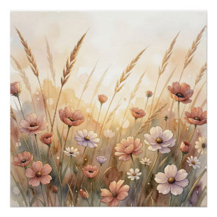 Póster Prado de Flores Silvestres em Aquarela Suave com F