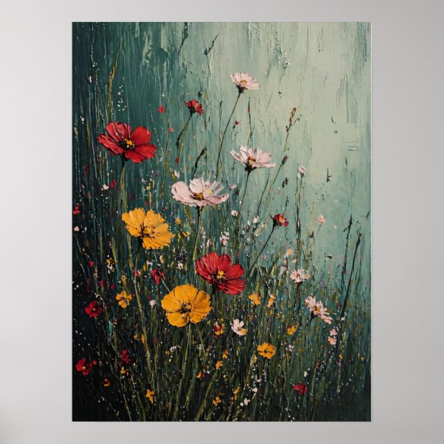 Poster Prado de Flores Silvestres Impasto em Névoa Teal (Frente)