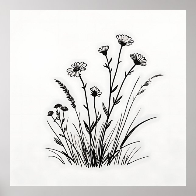 Poster Prado de Flores Silvestres Margaridas Arte Linear (Frente)