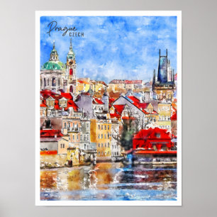 Poster Praga tcheca viagem vintage aquarela
