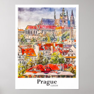 Poster Praga Viagem Watercolor Mão Desenhada