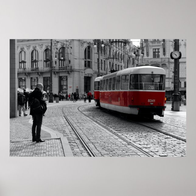 Poster Prague Red Tram Pop: Cor Selectiva (Frente)