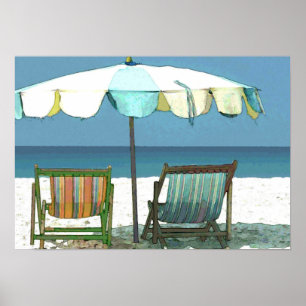 Poster Praia, cadeiras & guarda-chuva do beira-mar
